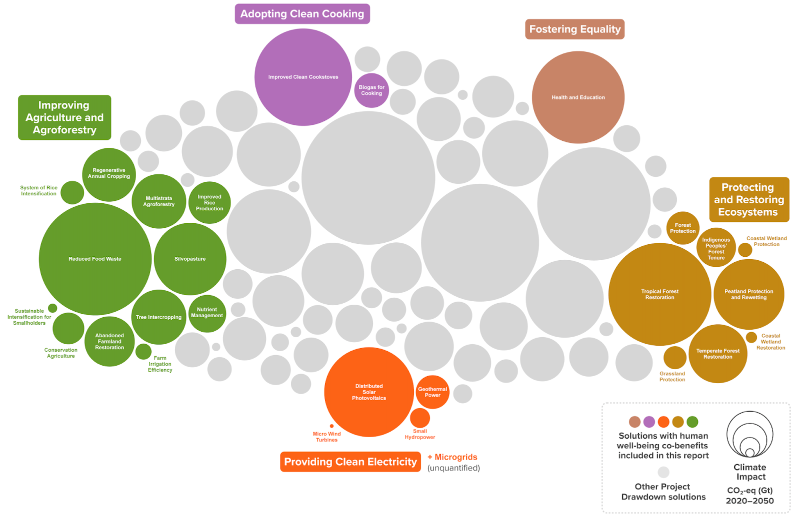 A bubble chart of climate solutions with 29 highlighted in green, purple, orange, yellow, and pink depending on sector. Each highlighted solution provides benefits for human well-being and nature.