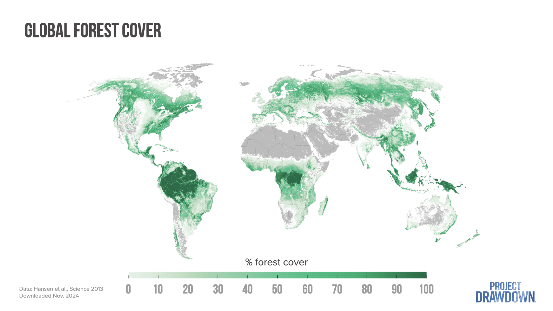 A map showing global forest cover. Forest cover is densest in the Amazon, Central Africa, Northern North America, Northern Asia, and Southeast Asia.