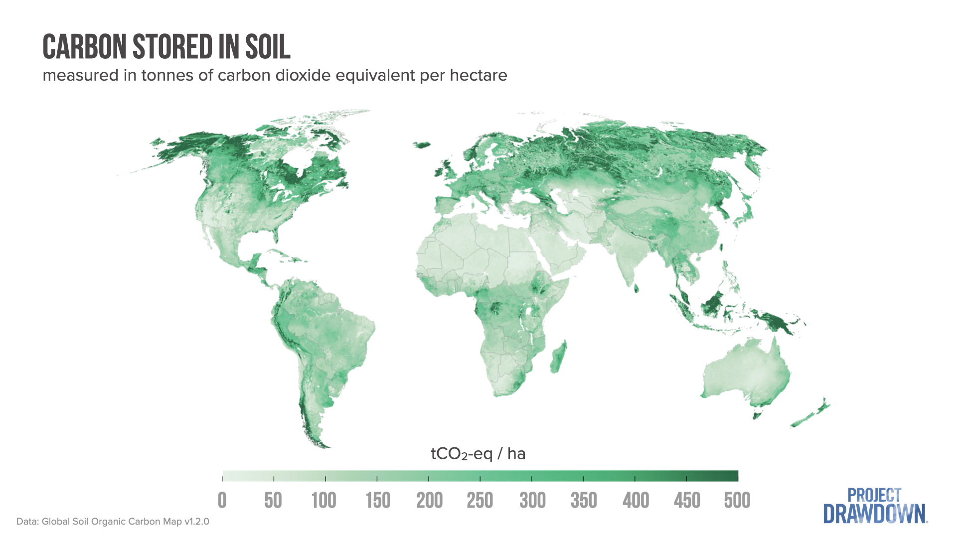 A map showing carbon amounts stored in soil. Densest stores are seen in Northern North America, Northern Russia, and Western South America.