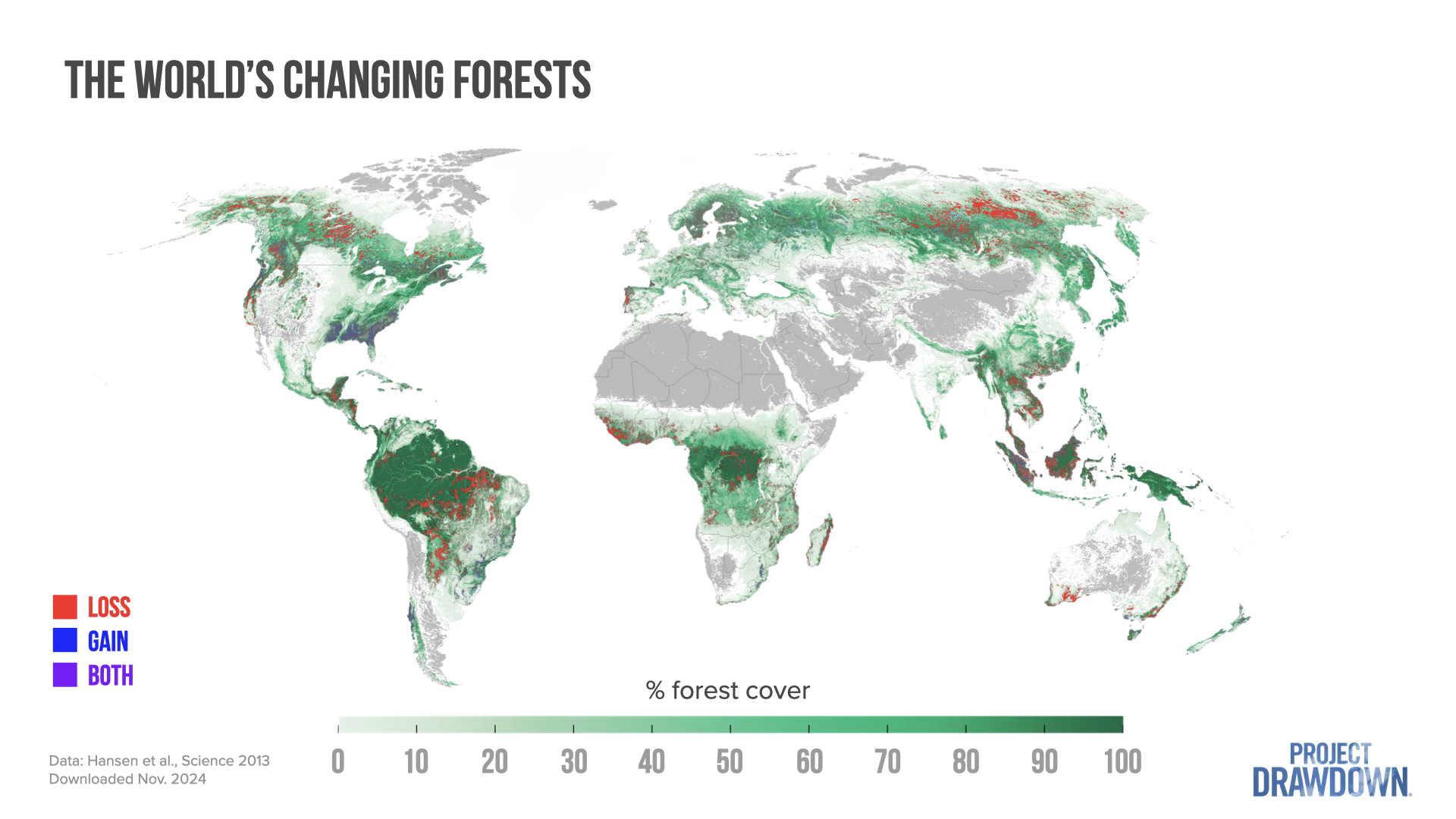 A map showing forest change around the world. Losses are concentrated in Southeast Asia, Northern Russia, and the Amazon.