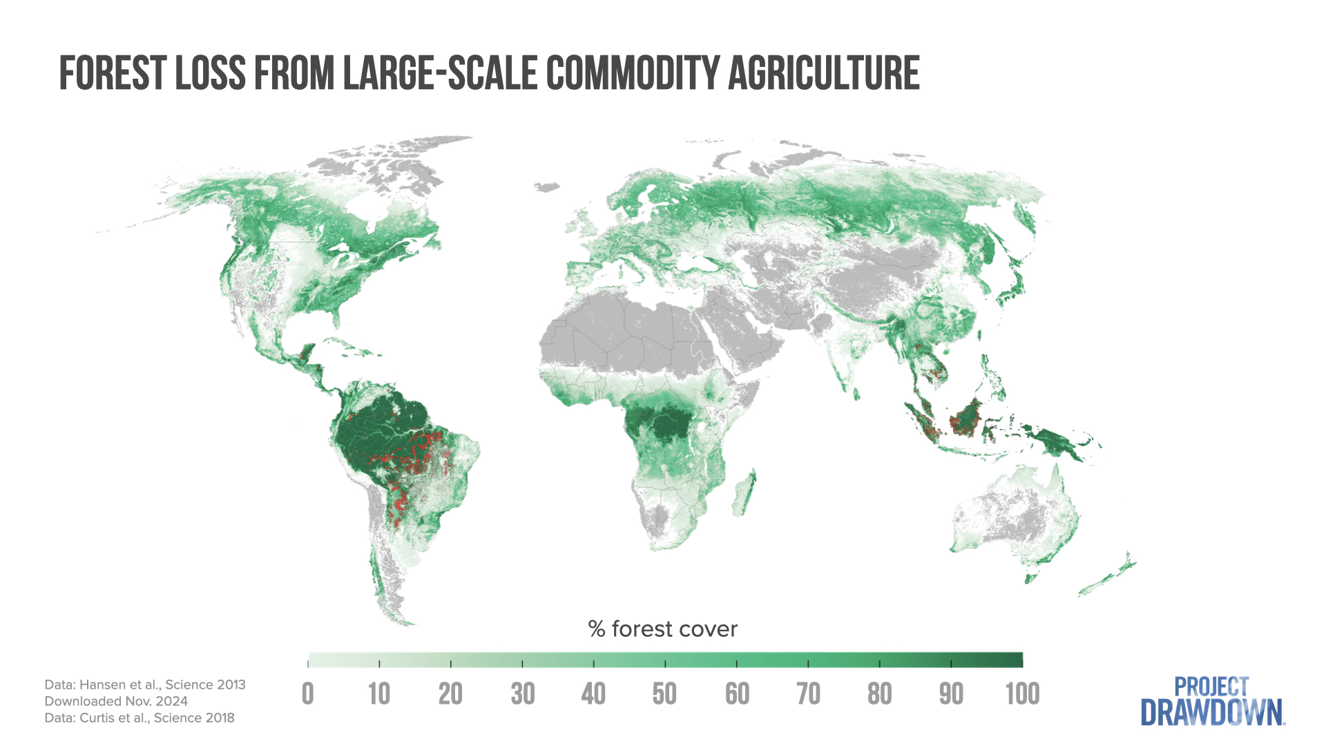 A map showing forest loss from large-scale commodity agriculture. Hotspots include the Amazon and Southeast Asia.