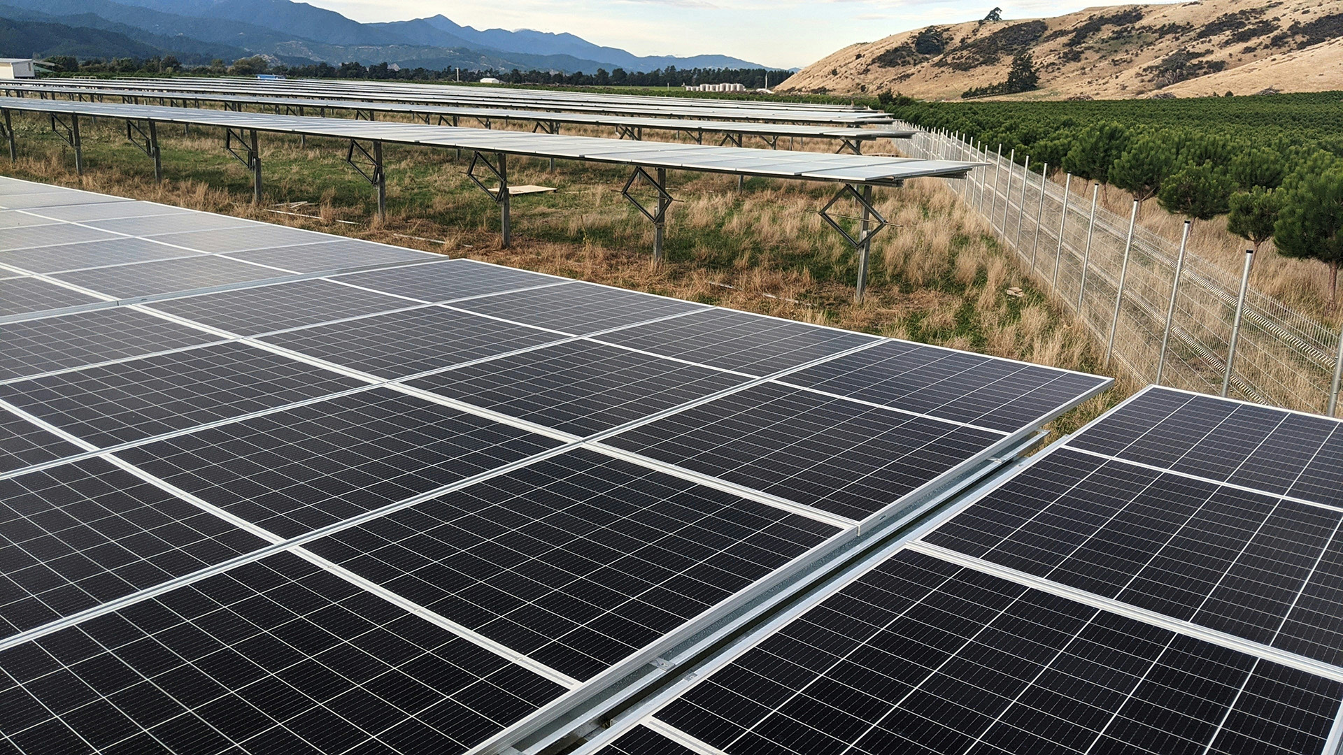 An image of solar panels in a rural landscape